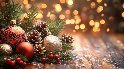 Obraz premium A close-up view of festive Christmas ornaments and pinecones on a wooden surface with warm, blurred holiday lights creating a cozy atmosphere.