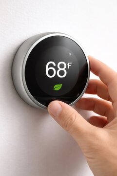 Hand turning a smart home thermostat, displaying 68 degrees Fahrenheit and an eco friendly leaf icon, symbolizing energy saving and comfortable indoor temperature management