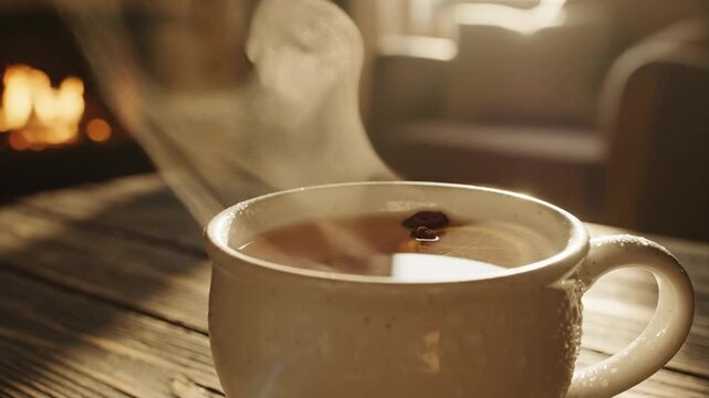 A warm cup of coffee with a spice on a wooden table near a fireplace in a cozy cabin setting viewed from a slight angle in morning light