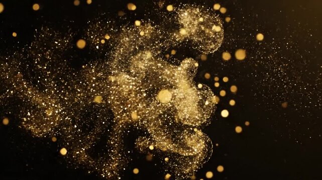 Golden particles swirling in abstract motion, creating a dynamic visual effect, seen from a close-up viewpoint in a dark environment