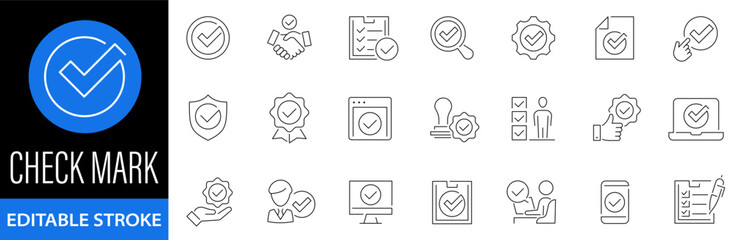 Checkmark icon set. Approved web icons. Correct. Approve. Complete. Checklist. Accept. Agree. Confirm. Quality control. Stamp. Vector illustration. Editable stroke