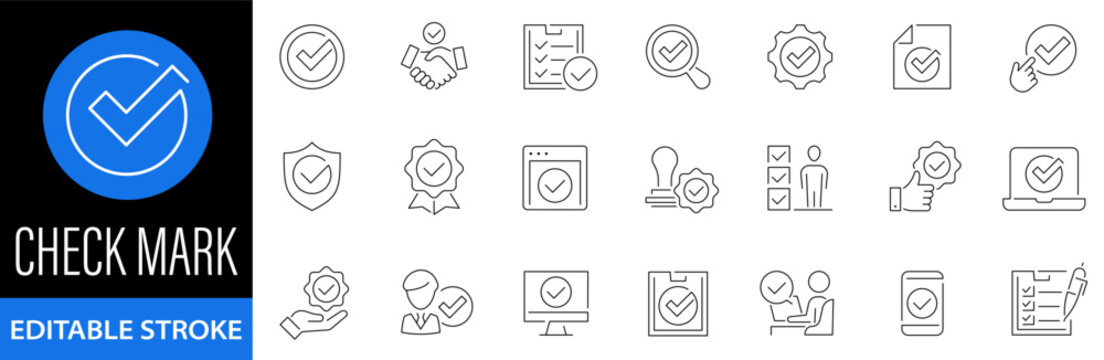 Checkmark icon set. Approved web icons. Correct. Approve. Complete. Checklist. Accept. Agree. Confirm. Quality control. Stamp. Vector illustration. Editable stroke