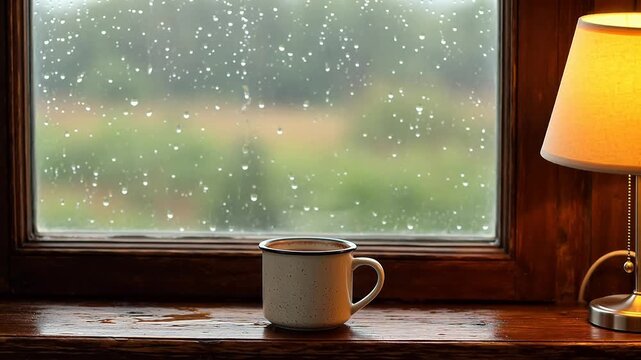 Rainy window scene with cup and lamp