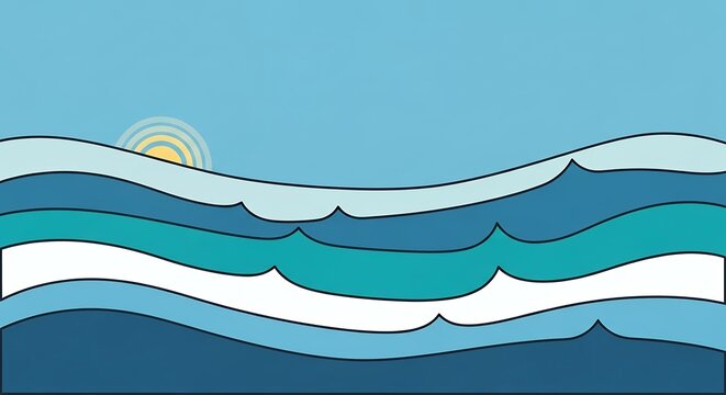 Stylized abstract ocean waves and sun graphical representation with distinct color layers symbolizing oceanic depth and morning glow