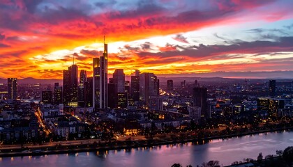 Obraz premium Vibrant cityscape at sunset with river and skyscrapers