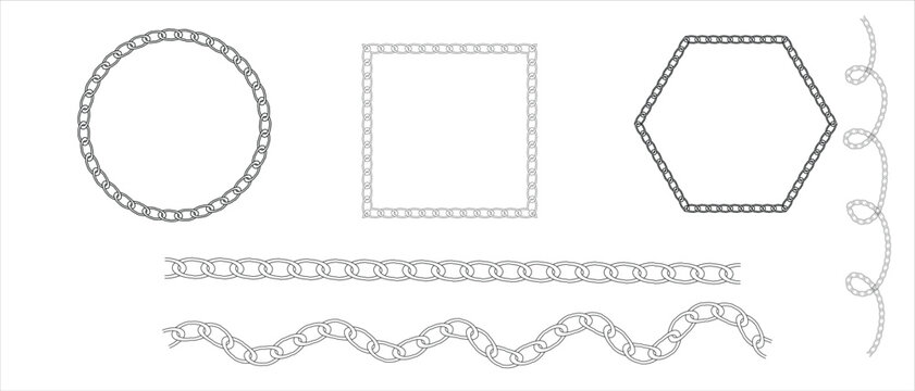 Chain brush vector set in the  shape of square, circle, straight line. Chain frames isolated on a white background. Chain brushes for fashion and digital illustration,fashion.