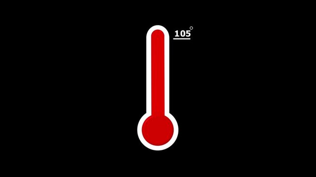 105 Degree Red Thermometer Icon Animation on Black Background, Temperature Level Rising Graphic for Weather and Health