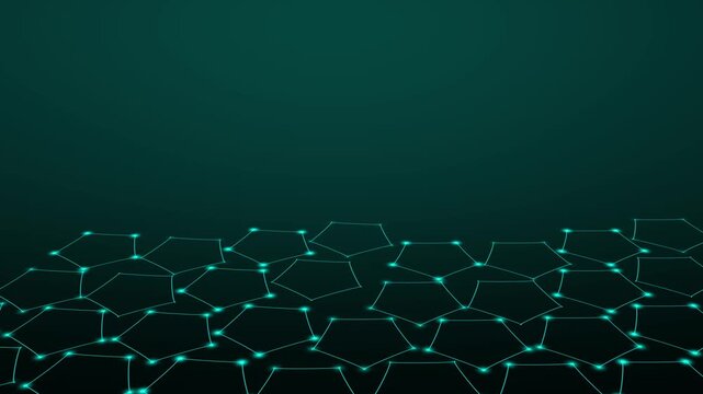 Teal network of connected pentagons forming horizon line on gradient background, abstract technology network visualization with geometric structure, futuristic digital landscape animation.