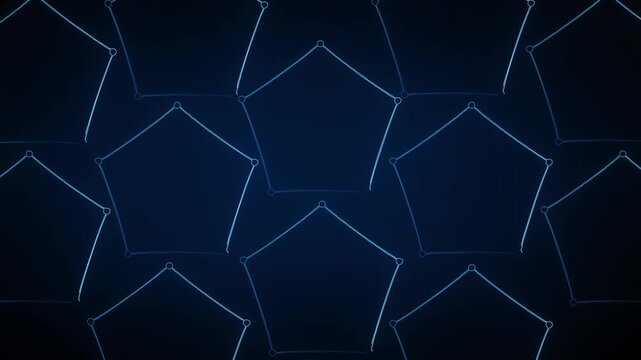 Repeating pattern of luminous blue pentagons connected by thin lines on dark blue background, abstract technology network with geometric grid structure, modern digital pattern animation.