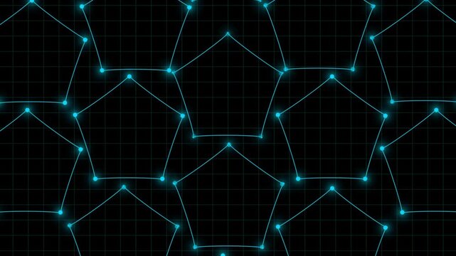 Seamless pattern of glowing cyan pentagons connected by lines on dark grid background, abstract digital network structure with geometric technology design, futuristic connection pattern animation.