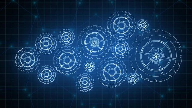 Outline of interlocking white gears against dark blue grid with glowing nodes, mechanical system visualization with digital network connections, modern technology gears animation.
