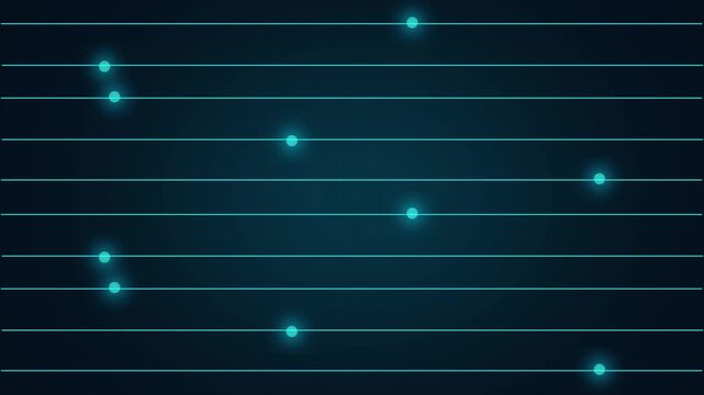 Abstract glowing cyan dots on horizontal lines against dark blue gradient background, digital particle network visualization with futuristic design, technology background animation.