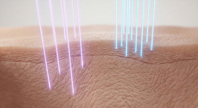 3D cosmetic scientific render showing UVA and UVB rays interacting differently with the skin. Extreme close-up of realistic skin texture, illustrating the difference between photoaging and sunburn
