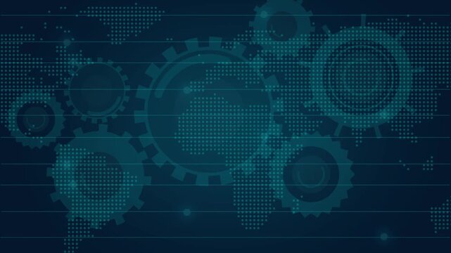 Cyan digital world map overlaying abstract gears on dark blue technological background, global mechanical system visualization with technology network design, futuristic system animation.