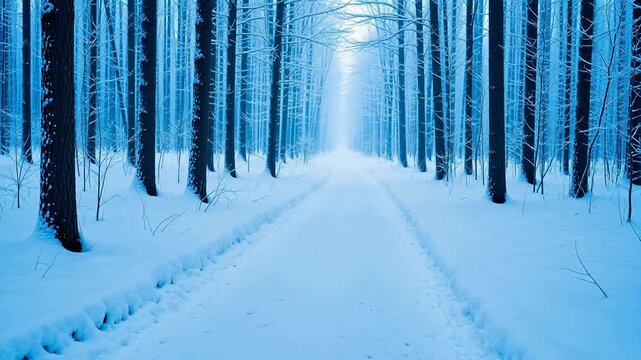 Snowy forest path with tall trees