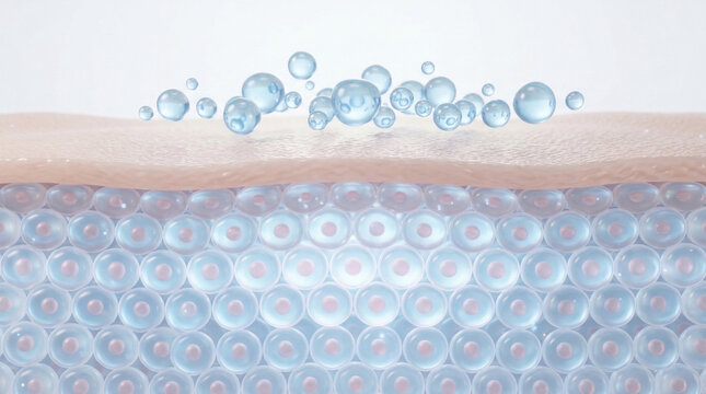 Detailed 3D visualization showing cross-section of human skin layers stretching and reforming. Smooth skin surface with translucent cool blue hyaluronic acid droplets