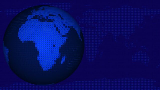 3d blue globe with pix elated continents over dark blue dotted world map background, futuristic digital earth visualization with data network theme, global technology planet interface animation.