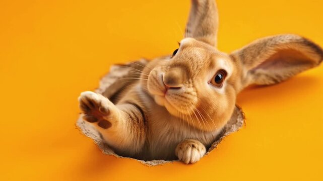 Cute brown bunny peeking through a hole in a bright orange paper background