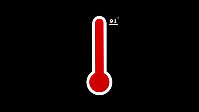 91 Degree Red Thermometer Icon Animation on Black Background, Temperature Level Rising Graphic for Weather and Health