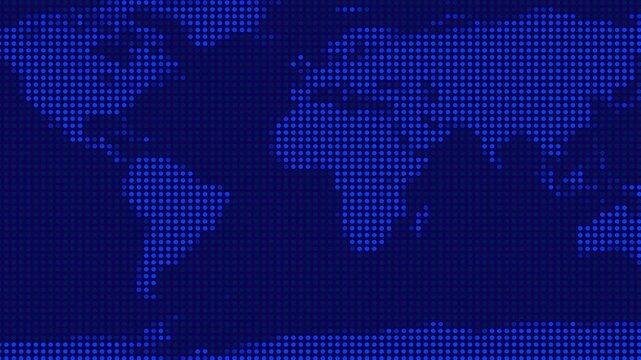 Dark blue dotted world map on deep blue background symbolizing global data networks, dark blue digital earth visualization with futuristic grid pattern, technology world map background animation.