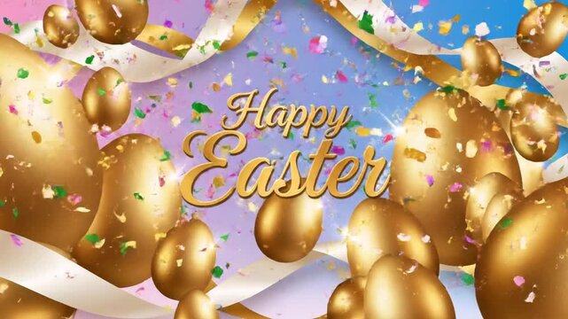 Golden Easter eggs and confetti falling around flowing ribbons from an aerial view