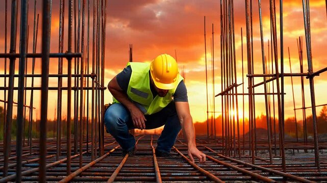 Construction worker at steel rebar site