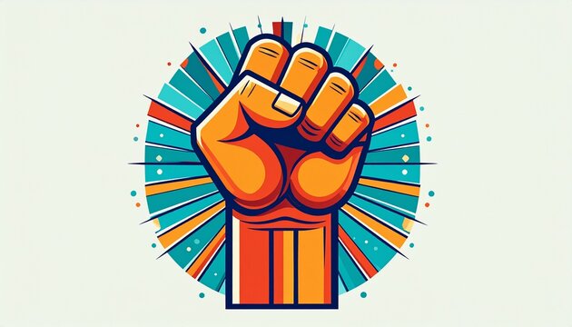 Raised fist power symbol vector illustration in vibrant geometric style for protest and unity