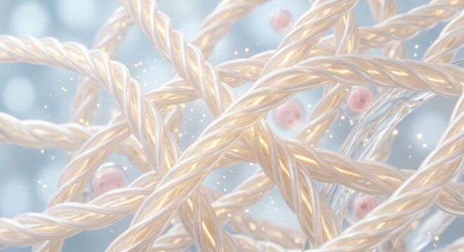 Artistic concept ultra‑detailed 3D scientific render of collagen fibers forming dense structural network inside dermis. Helical protein strands shown as pearlescent white and soft gold spirals