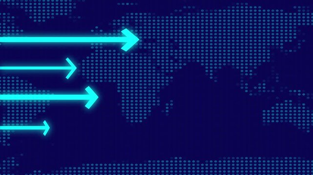 Glowing neon arrows moving across dotted world map on dark blue background, glowing digital arrows representing global communication flow, futuristic data transfer animation.
