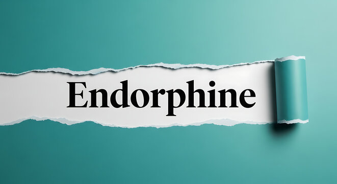Torn paper revealing endorphine on teal background, ripped white strip