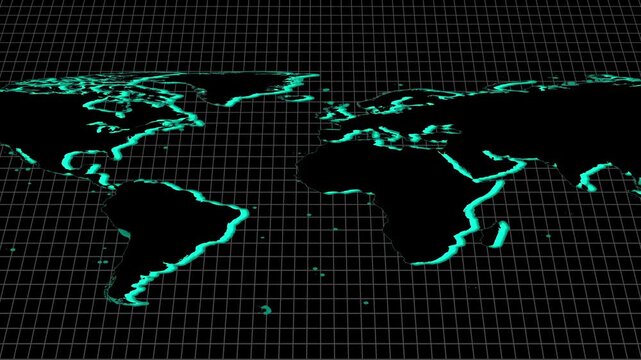 Teal outline world map on black grid background showing earth continents, teal digital earth map with futuristic grid interface design, global technology visualization animation.