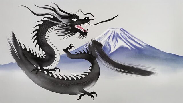 太筆墨絵の龍と富士山水墨画アート