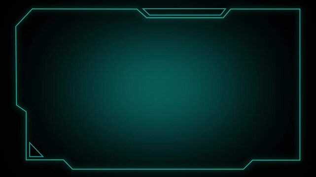 Futuristic teal neon border frame on black background with subtle gradient glow, teal digital interface border designed for technology overlays and hud displays, modern sci fi frame motion graphic.