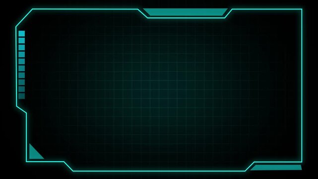 Teal neon futuristic frame with grid and vertical bar on dark background technology style, teal digital interface border with structured grid design, modern technology overlay frame animation.