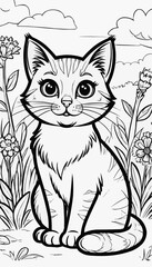 Cute cartoon cat sitting in a field with flowers and clouds  