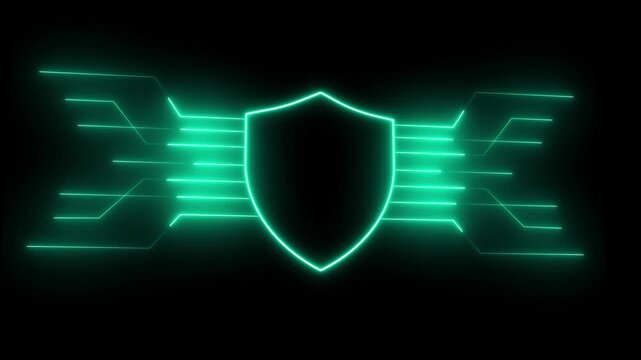 Neon green shield symbol with circuit board lines on black background cyber security concept, green digital protection emblem with technology circuits, futuristic security system animation.