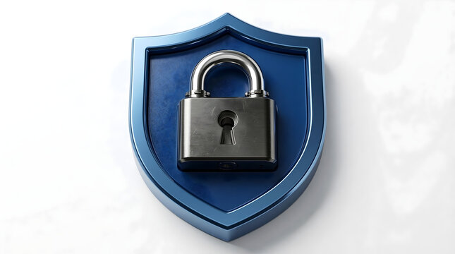 Blue security shield with padlock, symbolizing digital protection, data privacy, and internet safety.