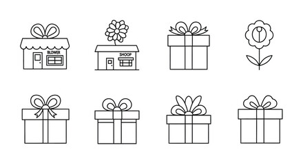 A collection of eight line drawings featuring various gift boxes and buildings.