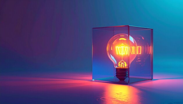 Glowing light bulb in futuristic transparent cube with neon gradient background