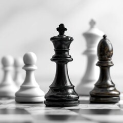 Fototapeta premium Black King Chess Piece on Chessboard with White and Black Pieces in Background
