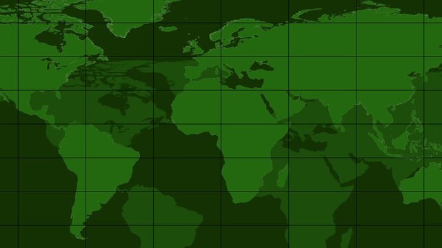 World map with green continents on dark green grid background earth globe concept, green digital earth visualization with geometric grid interface, global technology map animation.