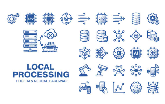 Local Processing Data Server Icon Bypassing Cloud Edge AI Neural Hardware Icon Set Edge Computing On-Premise Data Vector Illustration