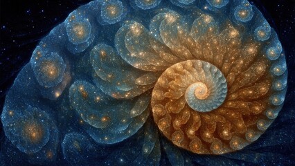Cosmic spiral fractal in blue and gold: mystical abstract universe art