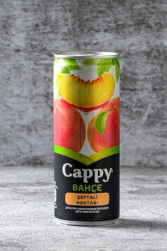 Antalya, Turkey - March 9, 2026: Cappy peach nectar aluminum can fruit juice drink studio shot