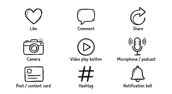 Hand Drawn Social Media and Content Creator Icon Set Doodle Style Networking and Digital Marketing Symbols