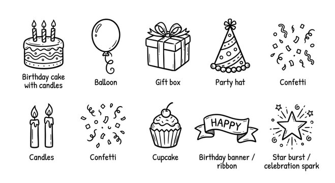 Hand Drawn Birthday and Celebration Icon Set Doodle Style Party Holiday and Anniversary Symbols