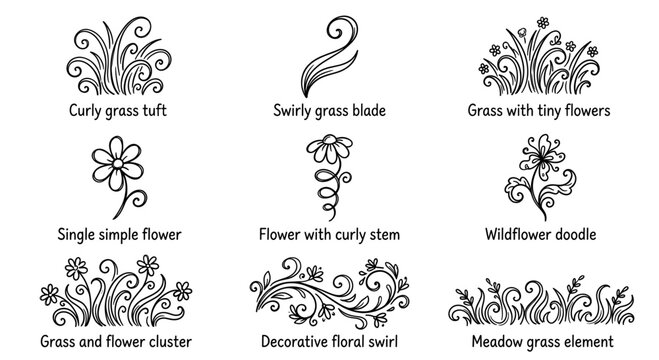 Hand Drawn Floral Swirls and Meadow Grass Icon Set Doodle Style Botanical Garden and Nature Borders