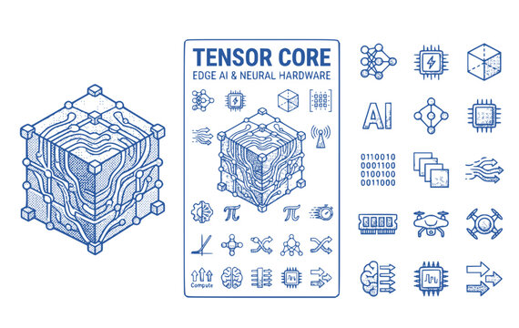 Tensor Core 3D Matrix Cube Edge AI Neural Hardware Icon Set AI Processing Neural Computing Parallel Processing Vector Illustration