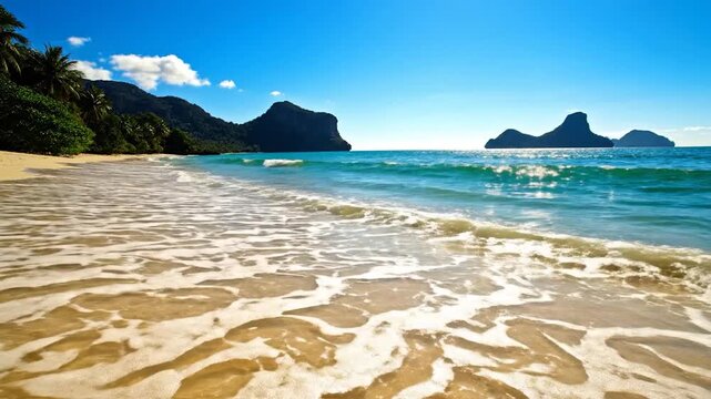 Tropical beach with gentle waves and distant islands under a clear sky