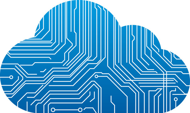Blue cloud with a circuit board design. Digital technology concept for cloud computing and data storage. Vector isolated illustration.